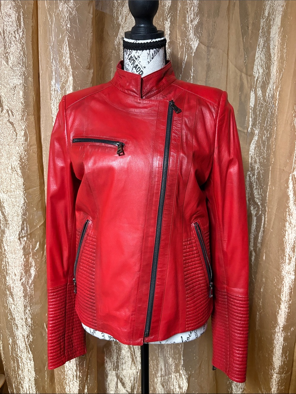 Red & Black Leather Asymmetrical Zip Women's Jacket
